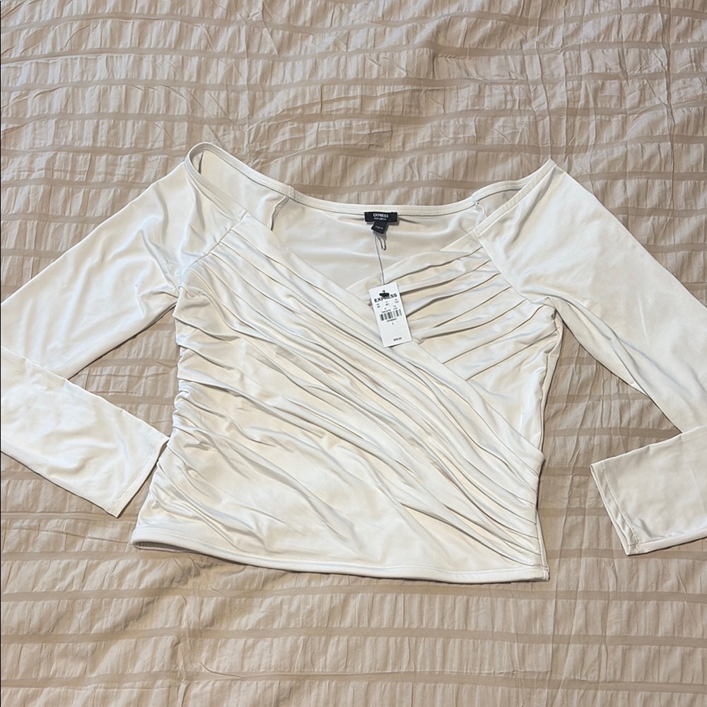 Express White Ruched Flutter Sleeve Blouse